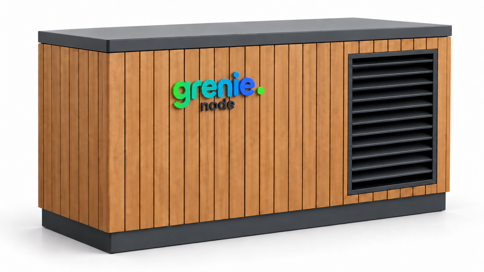 Grenie Node concept: a low outdoor enclosure with timber-style cladding, a dark grey top and base, a ventilation grille at one end and the grenie node wordmark on the side.
