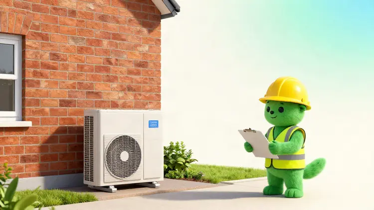 The Grenie mascot, wearing a yellow hard hat and hi-vis vest, checks an air source heat pump unit outside a brick house.
