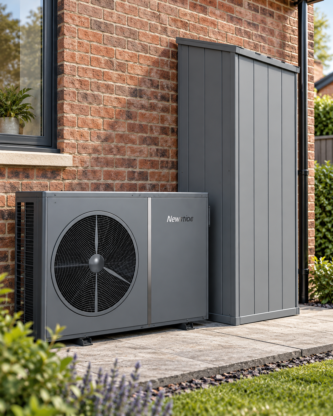 Grenie concept for an integrated outdoor heat-pump and hot-water services enclosure, shown against a brick wall on a stone patio.